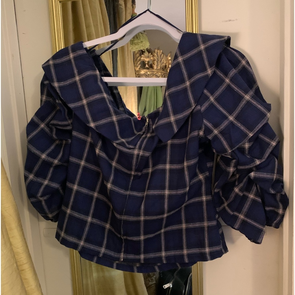 NWT Flawless Large Anthropologie Lulumari Blue Plaid V-Neck Crop Blouse - Picture 5 of 7